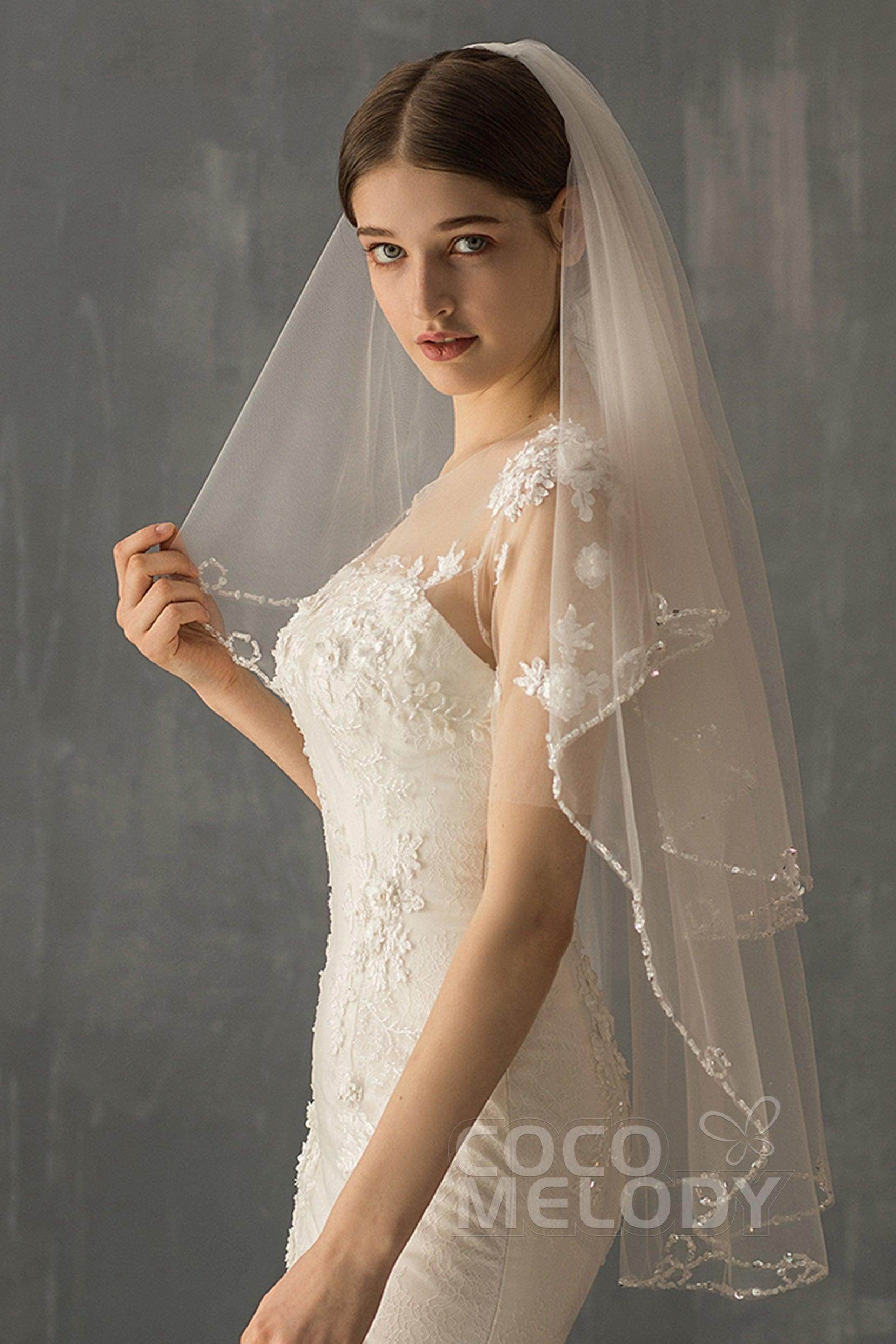 Two-tier Beaded Edge Tulle Hip Veils with Beading CV0224 - COCOMELODY